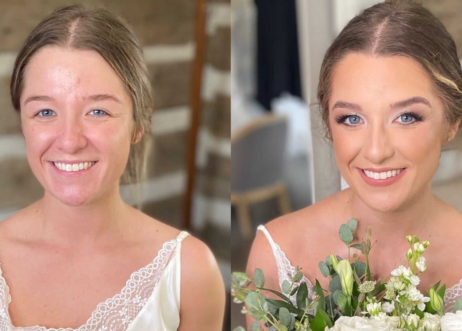 Before and after makeup at The Beauty Collective, O'fallon, Missouri, US. Stunning bridal look transition.