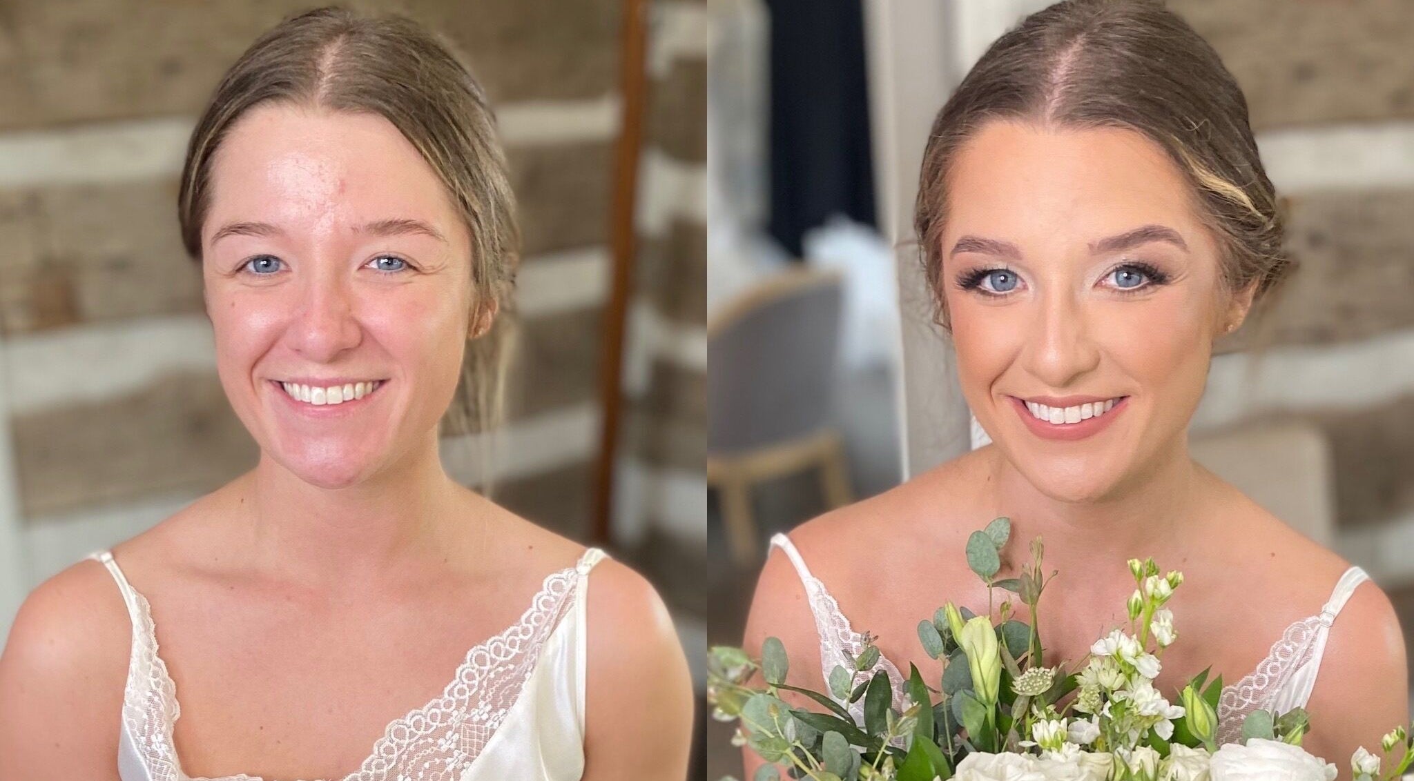 Before and after makeup at The Beauty Collective, O'fallon, Missouri, US. Stunning bridal look transition.
