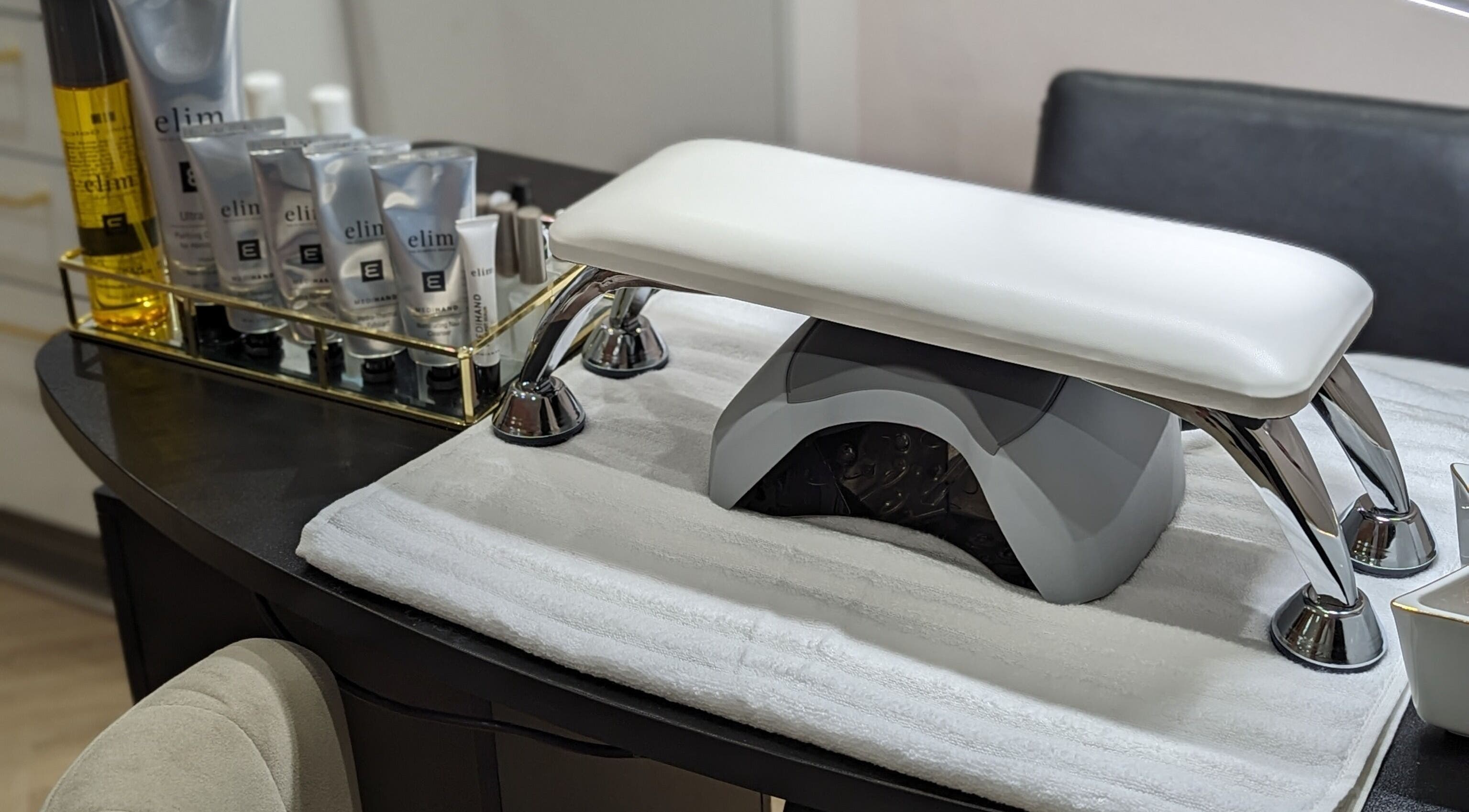 Manicure station at GBM Beauty Aesthetics in Ruislip, England, GB, featuring Elim products.