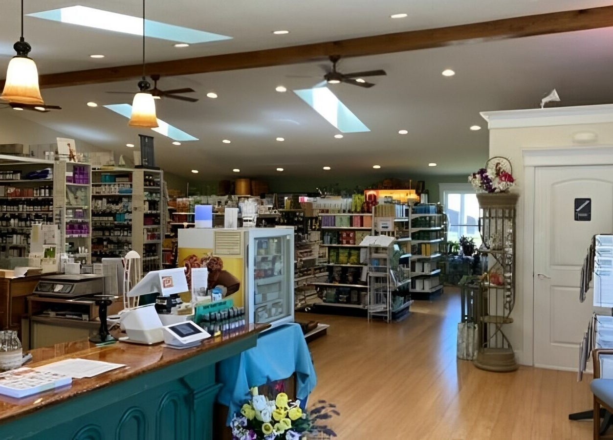 Interior of Harmony & Health, Inc. wellness store in Corydon, Indiana, US, showcasing products and welcoming design.