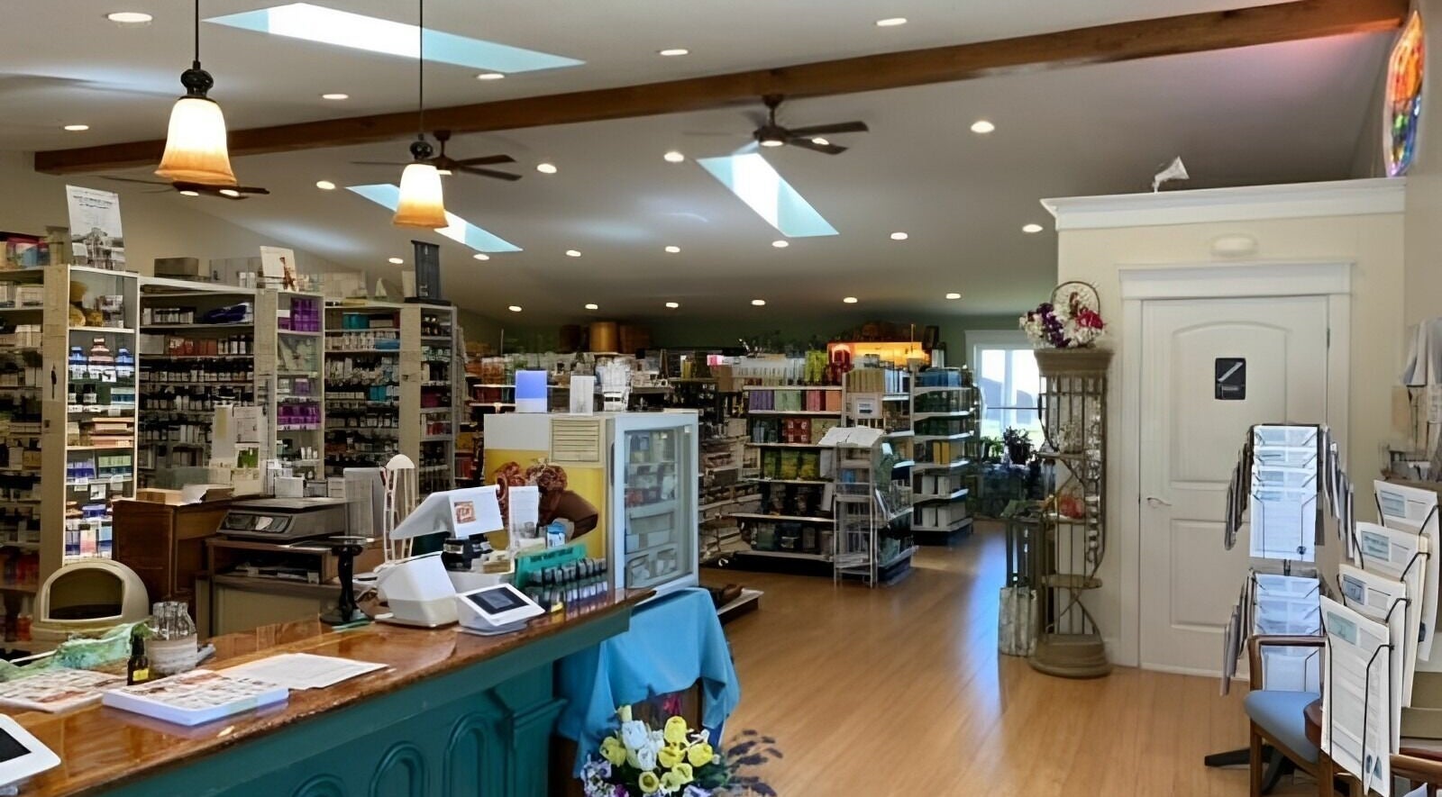 Interior of Harmony & Health, Inc. wellness store in Corydon, Indiana, US, showcasing products and welcoming design.