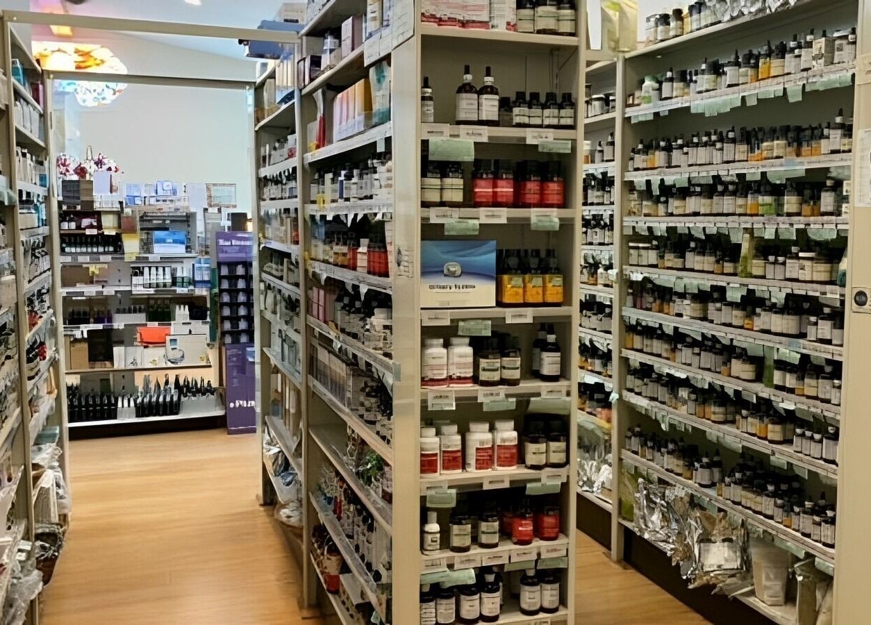 Shelves of beauty products at Harmony & Health, Inc. in Corydon, Indiana, US.