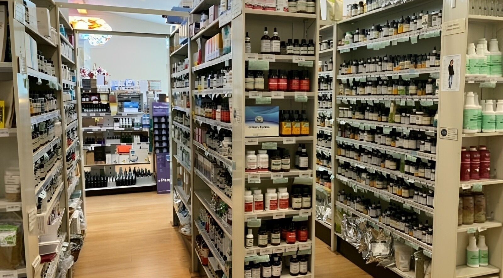 Shelves of beauty products at Harmony & Health, Inc. in Corydon, Indiana, US.