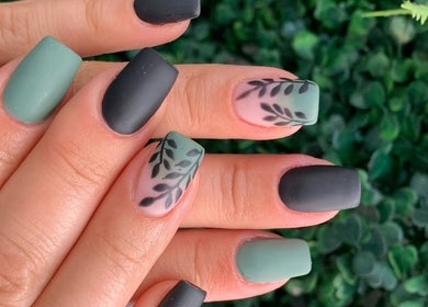 Stylish matte nail art with leaf designs at Dezz Nails and Glam Studio, Johannesburg, Gauteng, ZA.