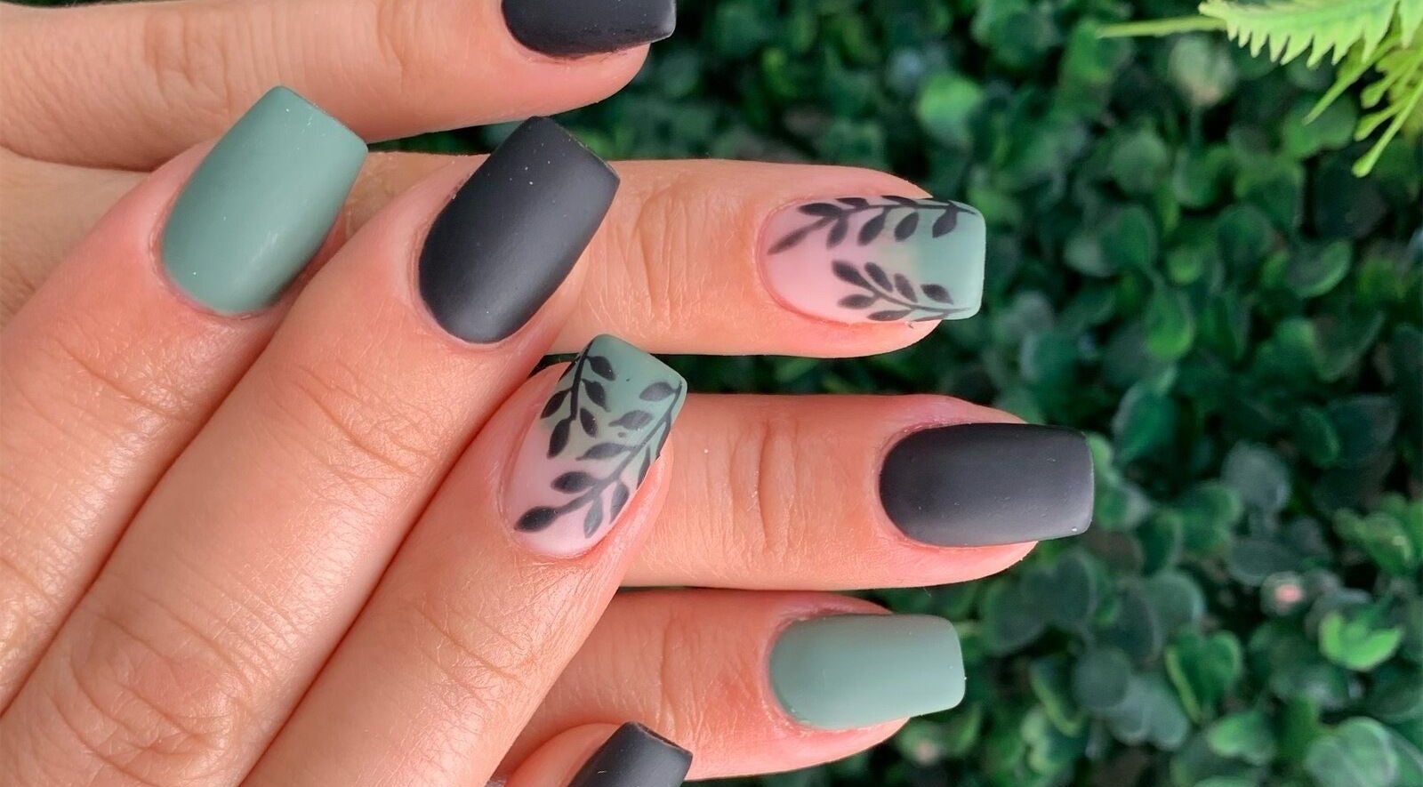 Stylish matte nail art with leaf designs at Dezz Nails and Glam Studio, Johannesburg, Gauteng, ZA.