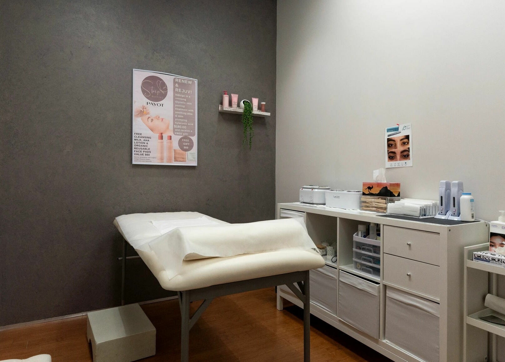 Calming treatment room at Strip Womens Waxing Clinic, Subiaco, Western Australia, AU with modern decor.