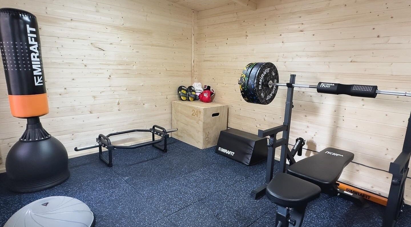 Training corner at The Strength Studio & Sports Massage in Eastleigh, England, GB with fitness equipment.