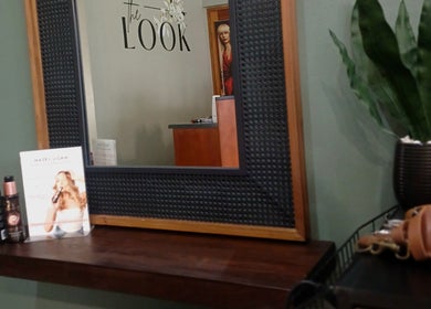 Elegant salon mirror and display at The Look Hair & Nail Salon, Vredendal, Western Cape, ZA.