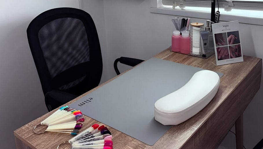 Nail station at Studio 59, Rumney, Wales, GB with tools and polish samples for a perfect manicure.