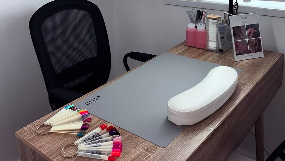 Nail art setup at Studio 59 Pro Cosmetology, Microblading & Body Piercing, Rumney, Wales, GB, showcasing tools and a desk.