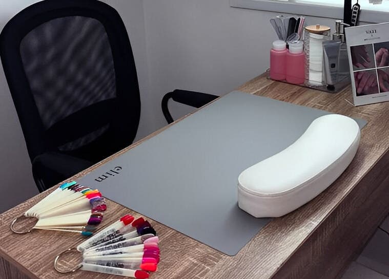 Nail art setup at Studio 59 Pro Cosmetology, Microblading & Body Piercing, Rumney, Wales, GB, showcasing tools and a desk.