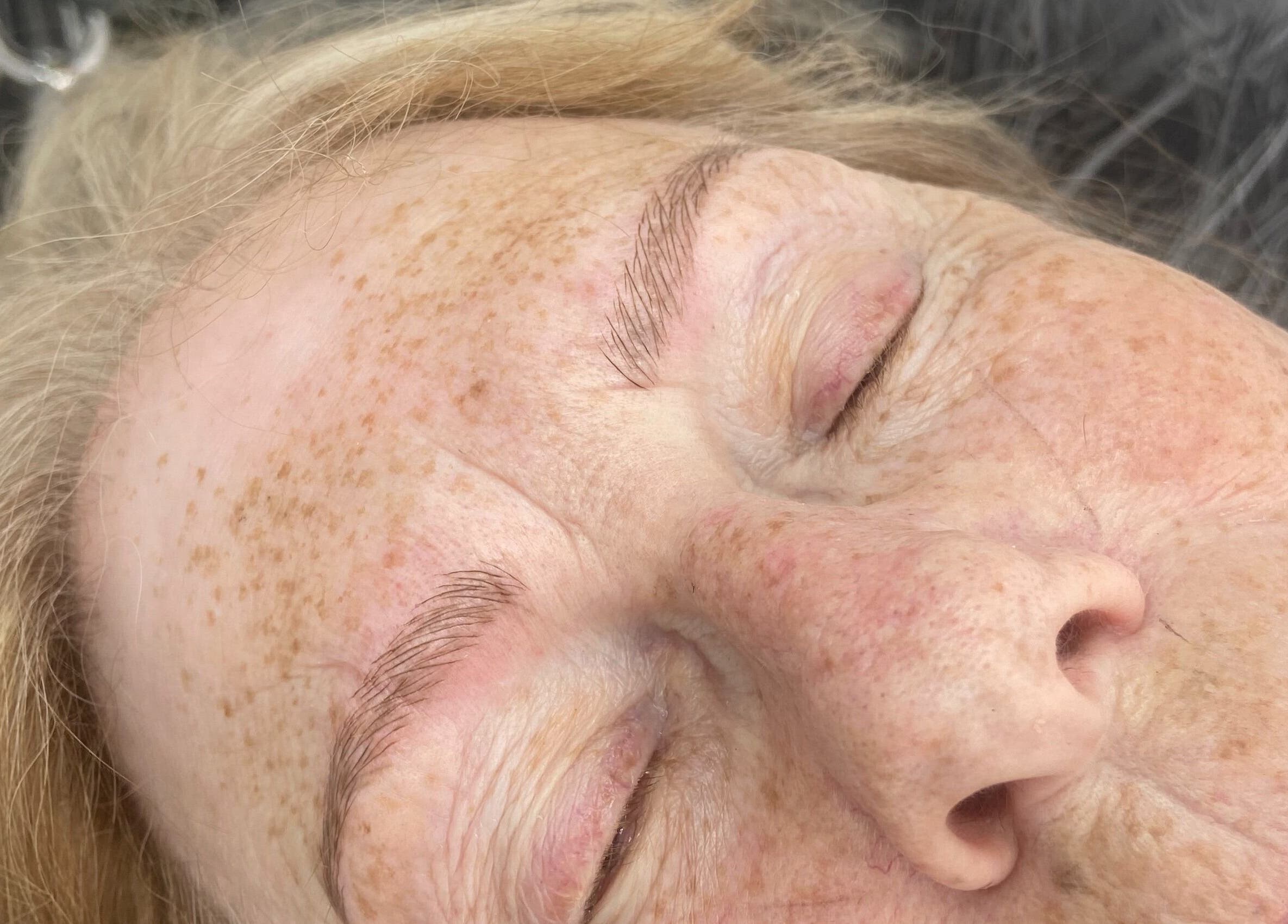 Close-up of freshly microbladed eyebrows at Studio 59 Pro Cosmetology, Microblading & Body Piercing, Rumney, Wales, GB.