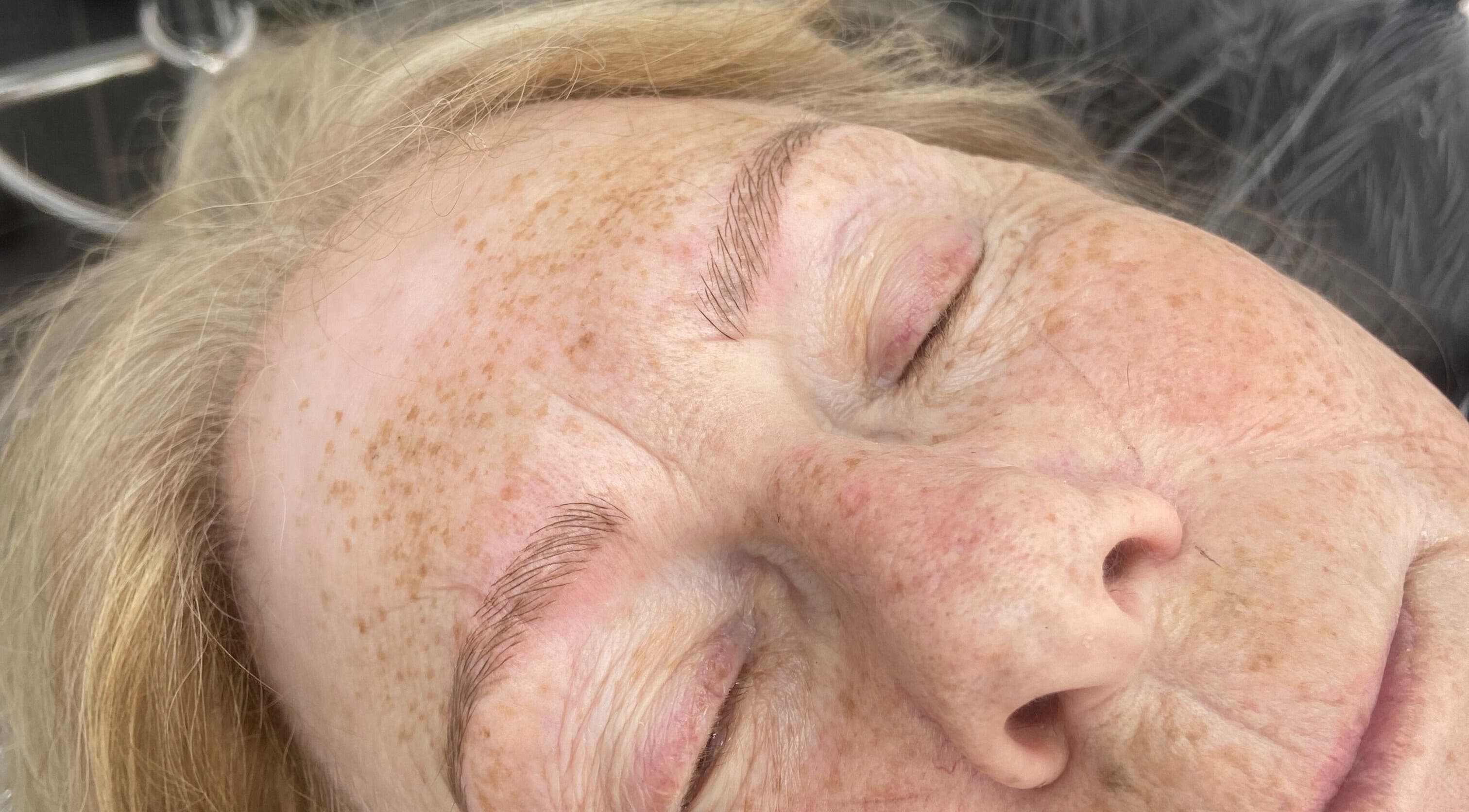 Close-up of freshly microbladed eyebrows at Studio 59 Pro Cosmetology, Microblading & Body Piercing, Rumney, Wales, GB.