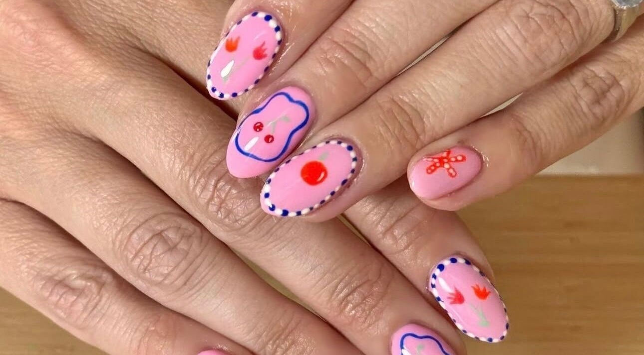 Artful pink nail design at Abigail’s in Darlington, England, GB showcasing creative manicure styles.