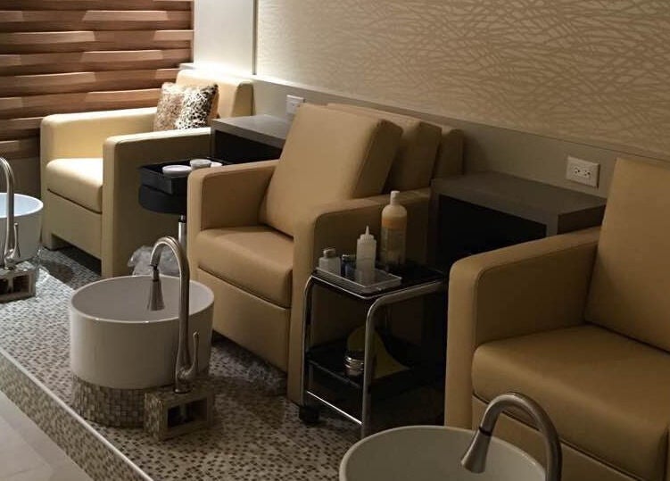 Pedicure chairs and basins at Essence Nails & Spa in Vaughan, Ontario, CA for relaxing spa experiences.