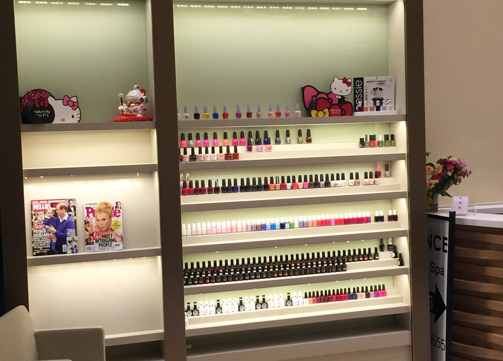 Nail polish display at Essence Nails & Spa, Vaughan, Ontario, CA. Aesthetic shelves with vibrant colors.