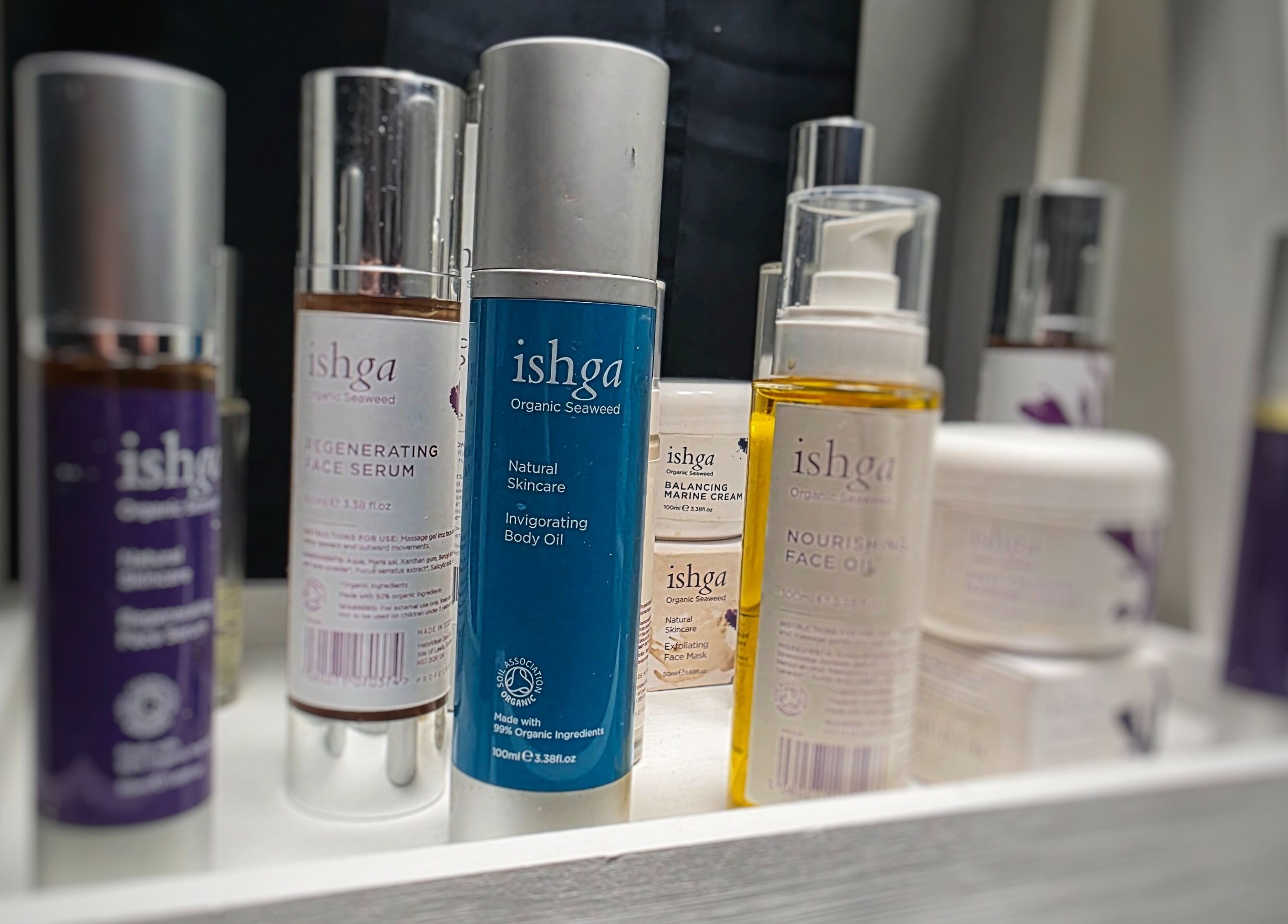 Ishga skincare products elegantly displayed at Abbey Mill, Paisley, Scotland, GB for a luxurious beauty experience.