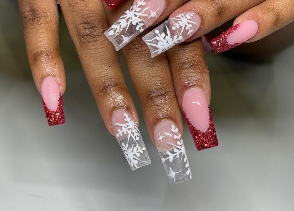 Festive snowflake and red glitter nails design at Nails by Sam Potch, Potchefstroom, South Africa, ZA.