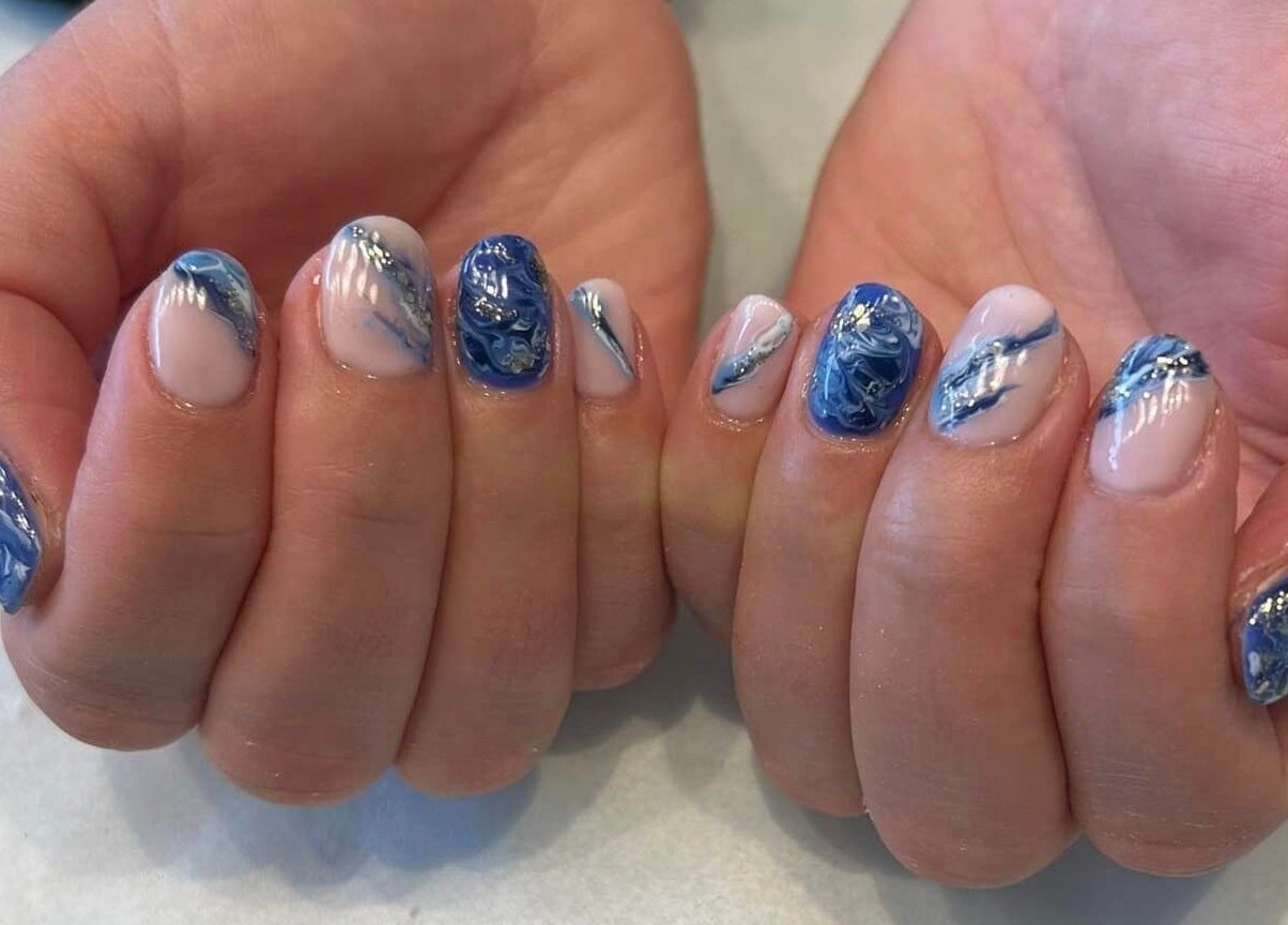 Blue marble nail art at Vanity Beauty Naphill, High Wycombe, England, GB. Perfect for stylish elegance.