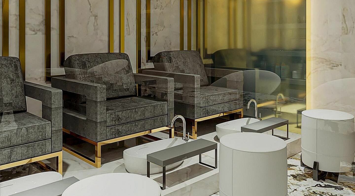 Área de spa en Eztravaganzza Nailroom Plus, Chihuahua, Chihuahua, MX con sillones de lujo.