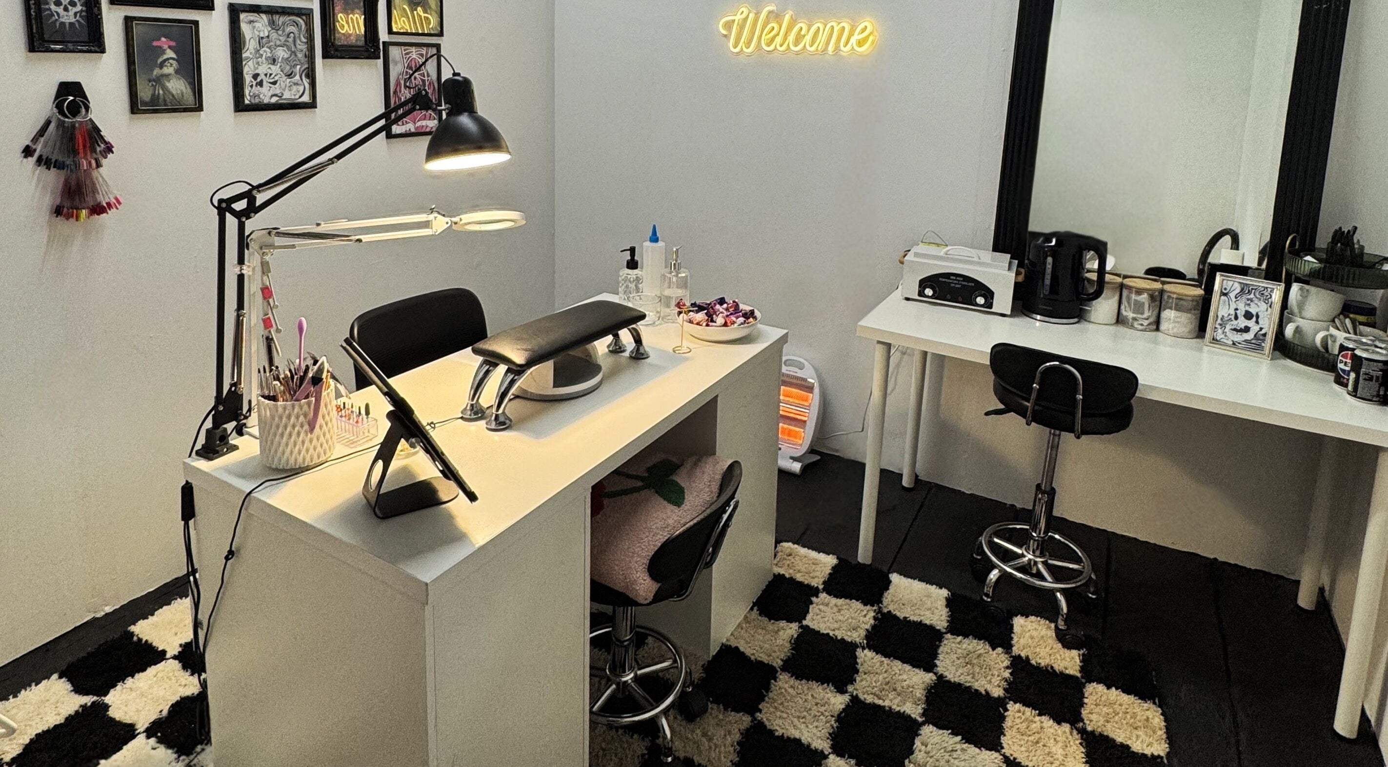 Nail station at Luna Beauty in Todmorden, England, GB. Features stylish decor and organized workspace.