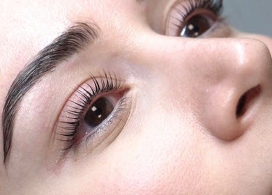 Close-up of beautifully enhanced lashes at Belle Beauty and Academy, Montréal, Québec, CA.