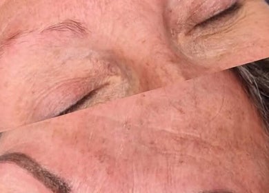 Before and after microblading at Amethyst Aesthetics Exmouth, Exmouth, England, GB. Stunning brow enhancement.