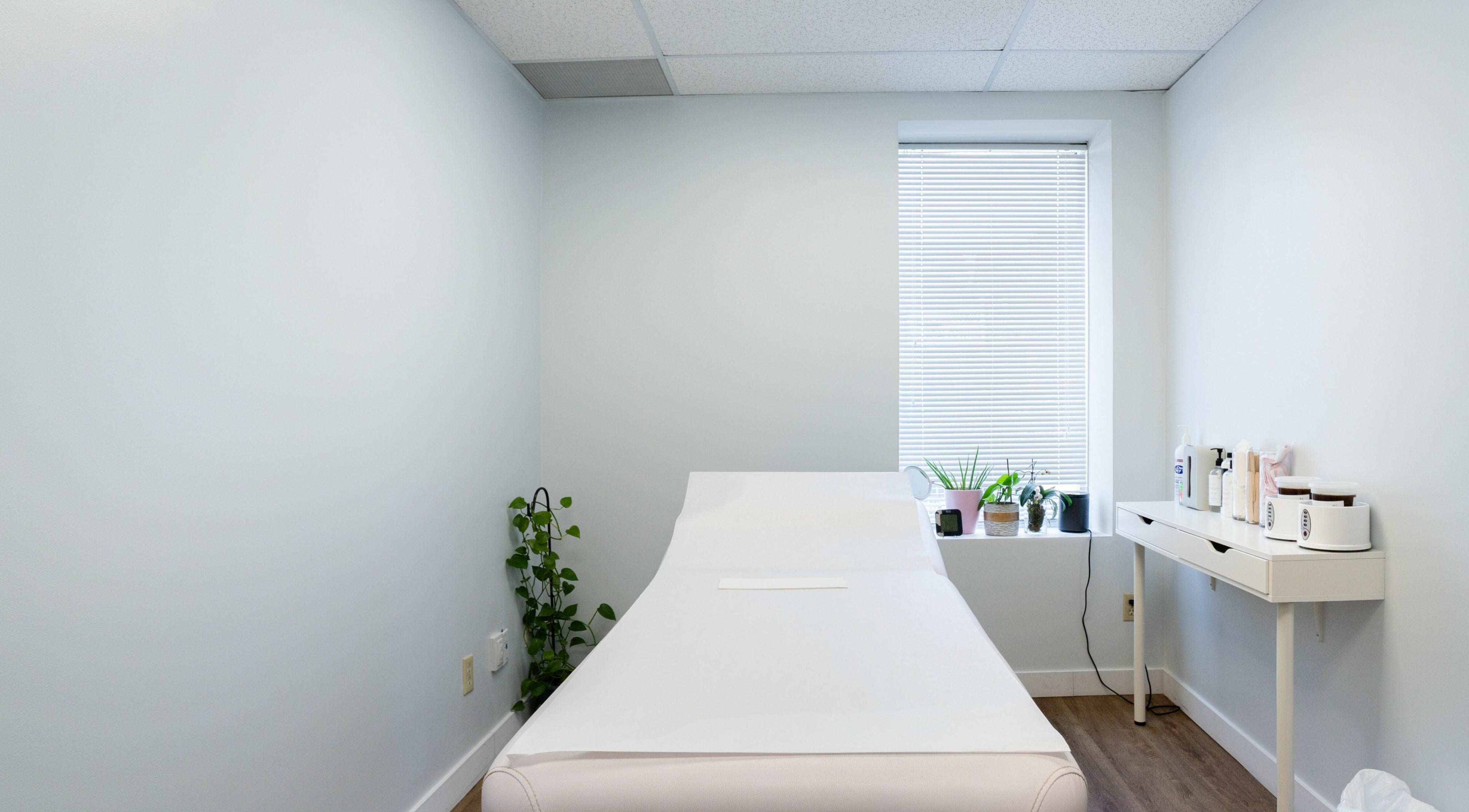 Relaxing treatment room at Lovely Sugaring, Toronto, Ontario, CA, with plants and a massage table.