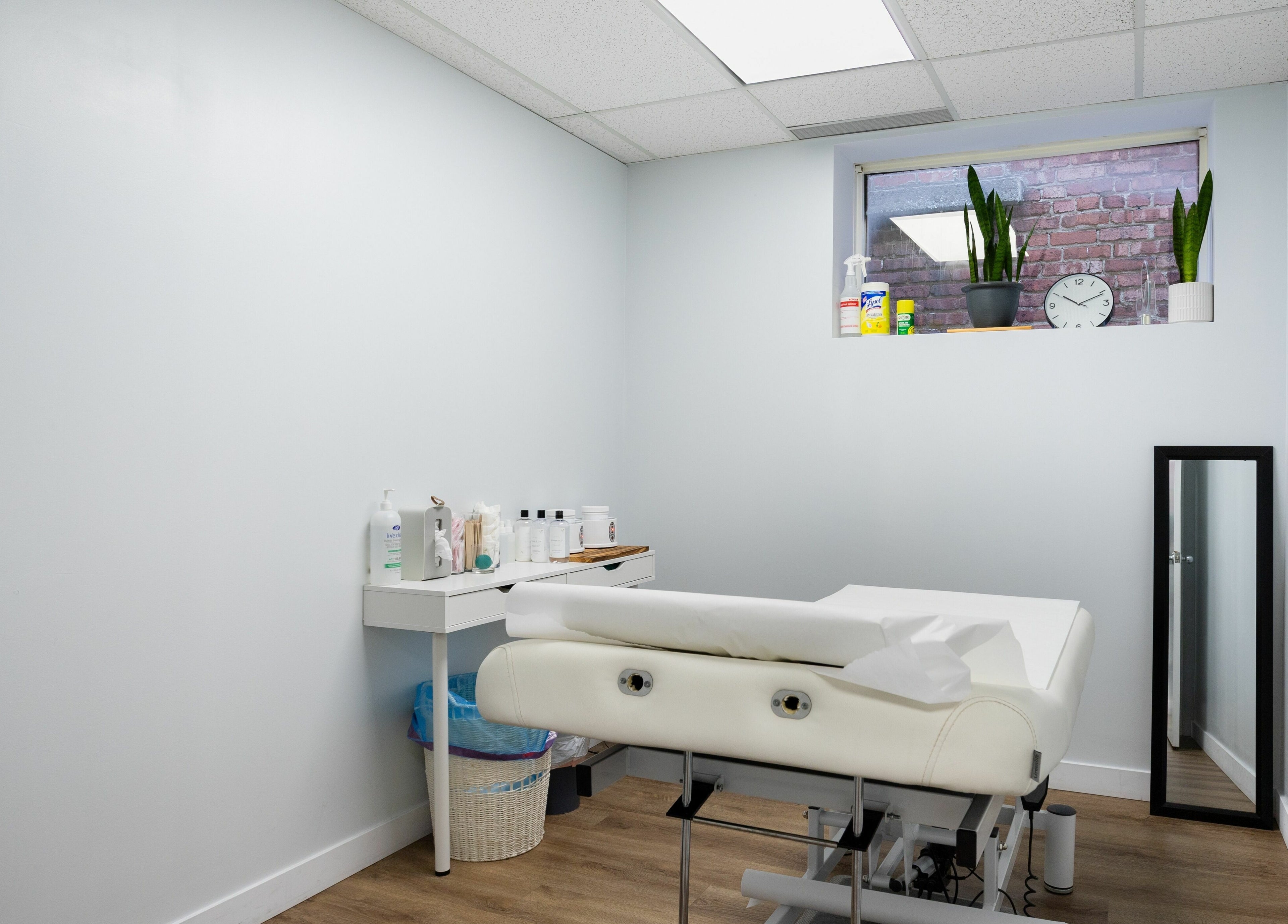 Calm treatment room at Lovely Sugaring, Toronto, Ontario, CA featuring a bed, mirror, and plants.