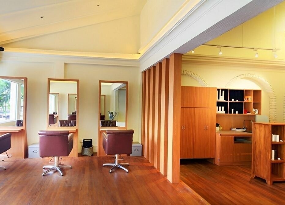 Stylish interior of Art-Noise Japanese Beauty Hair Salon SG with elegant wood accents, Singapore, Singapore, SG.