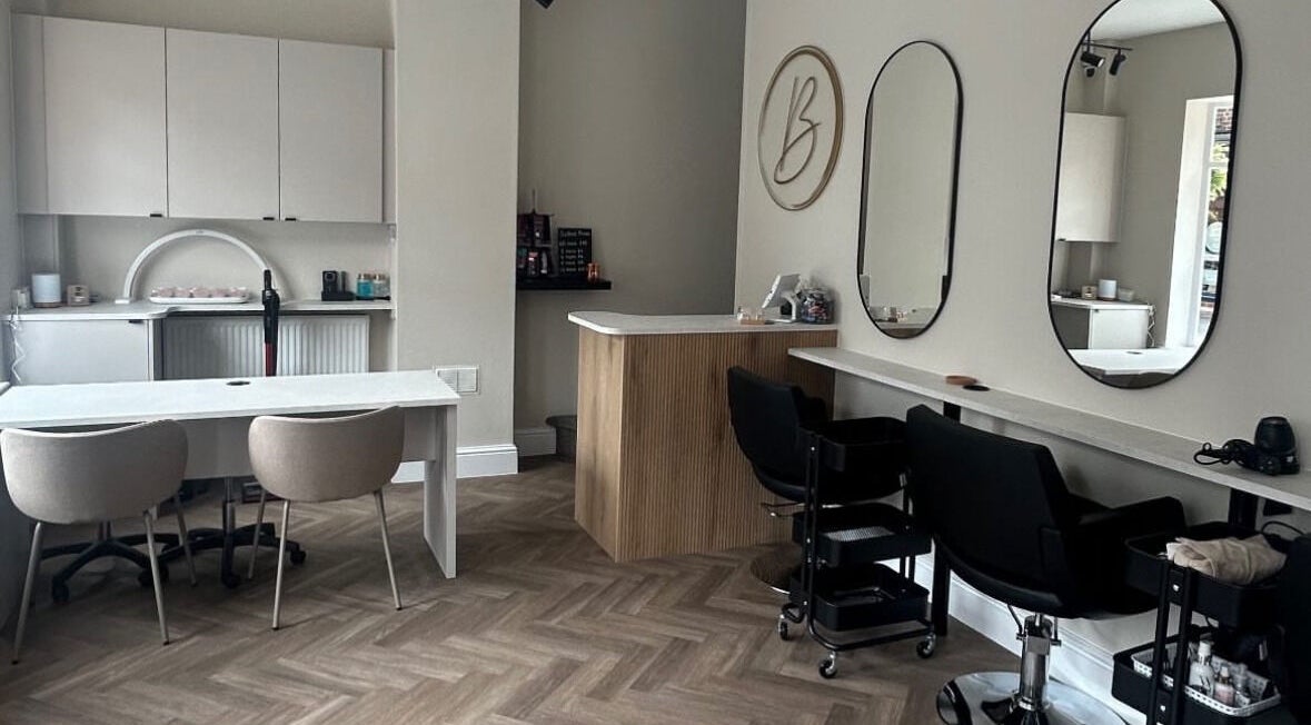 Elegant interior of The Beauté Studio in Market Weighton, England, GB, showcasing modern beauty stations.