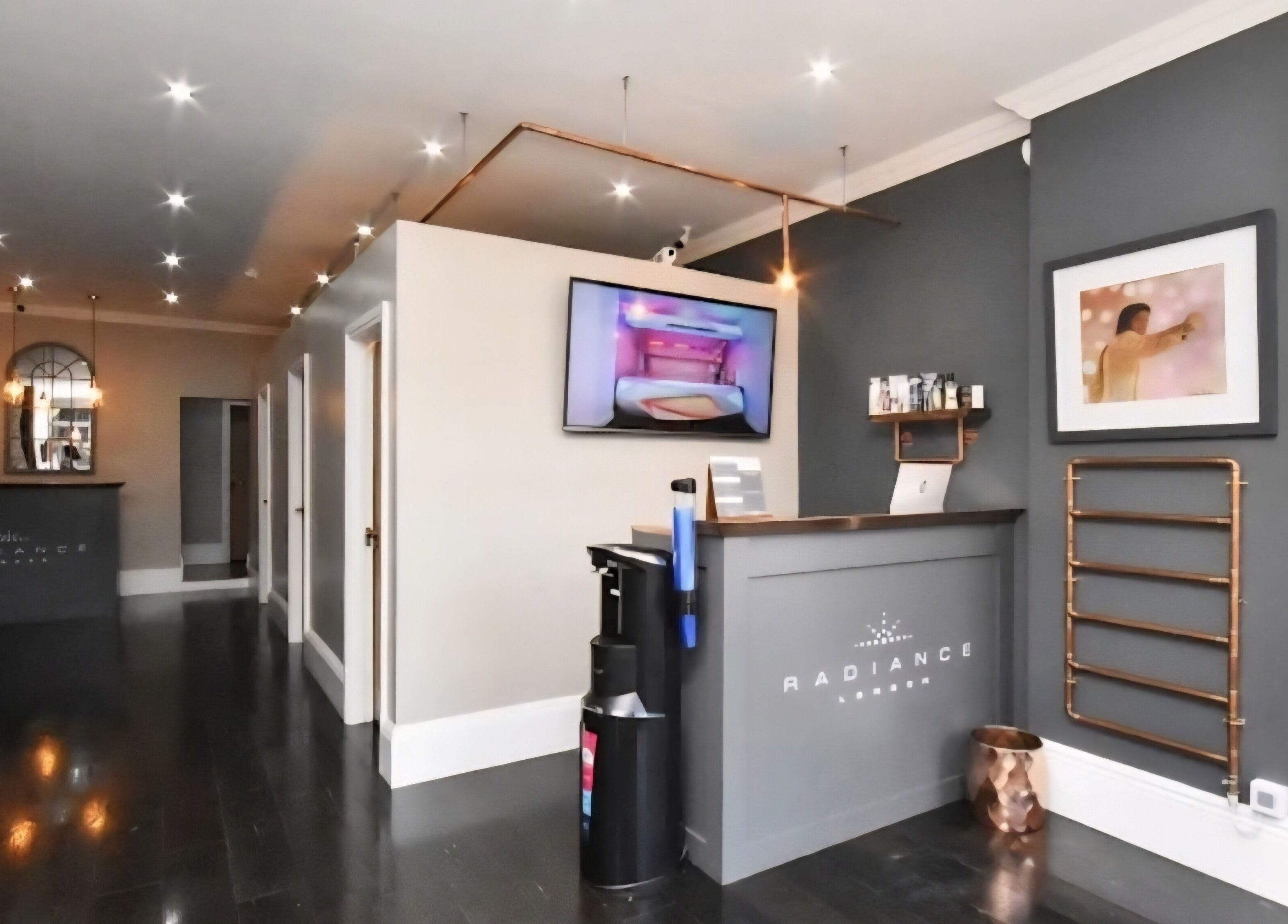 Chic reception area of My Face Spa, London, England, GB with modern decor and soothing ambiance.