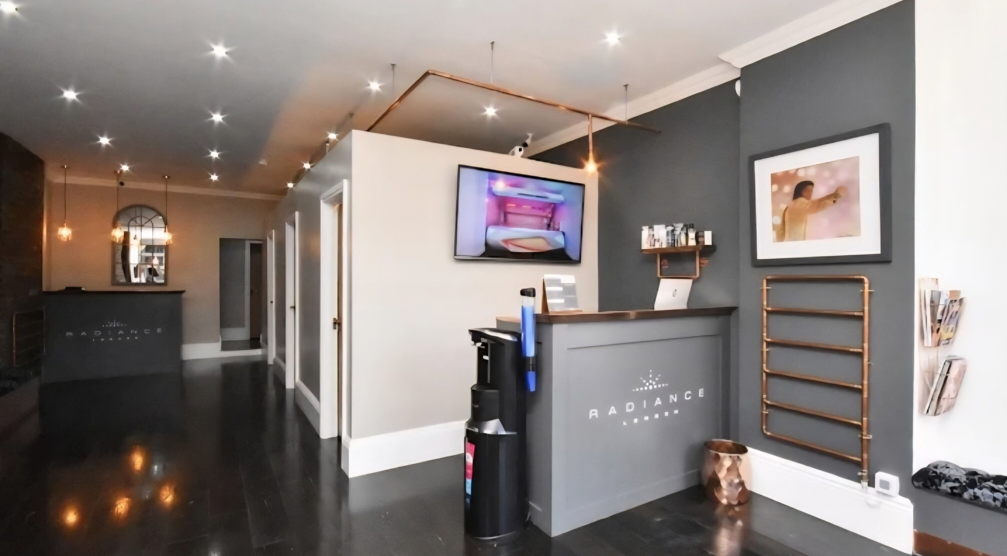 Chic reception area of My Face Spa, London, England, GB with modern decor and soothing ambiance.