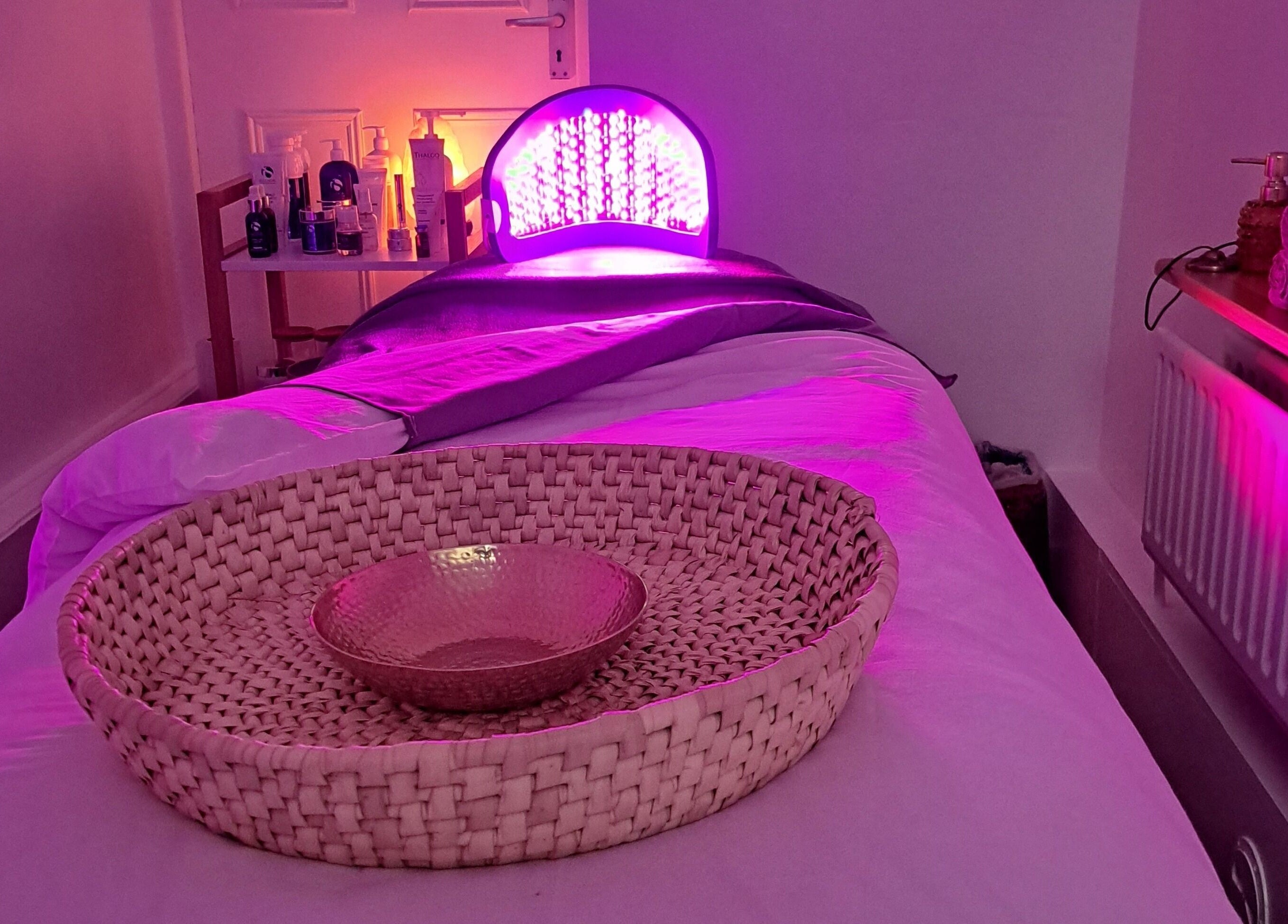 Relaxing spa treatment room with glowing LED therapy at My Face Spa, London, England, GB.