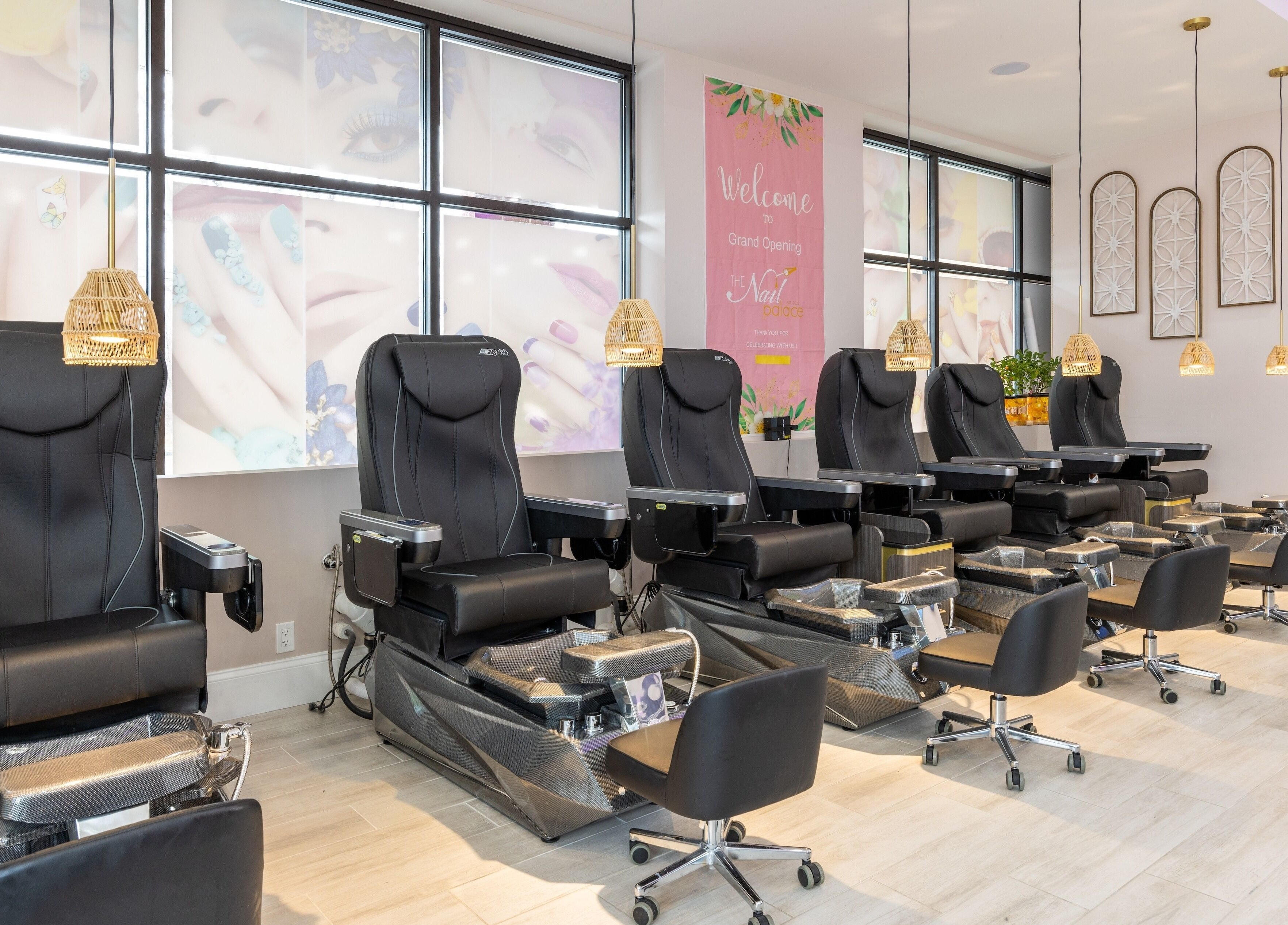 Luxurious pedicure chairs at The Nail Palace in Lowell, Massachusetts, US, offering serene beauty experiences.