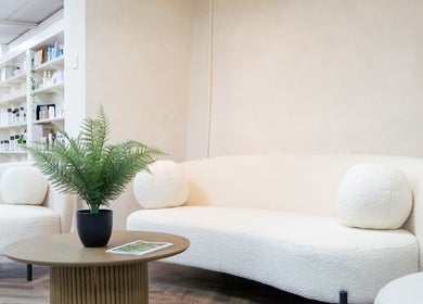 Relaxing lobby at Jennifer Holmes Hair and Beauty Ltd in Masham, England, GB with modern decor.