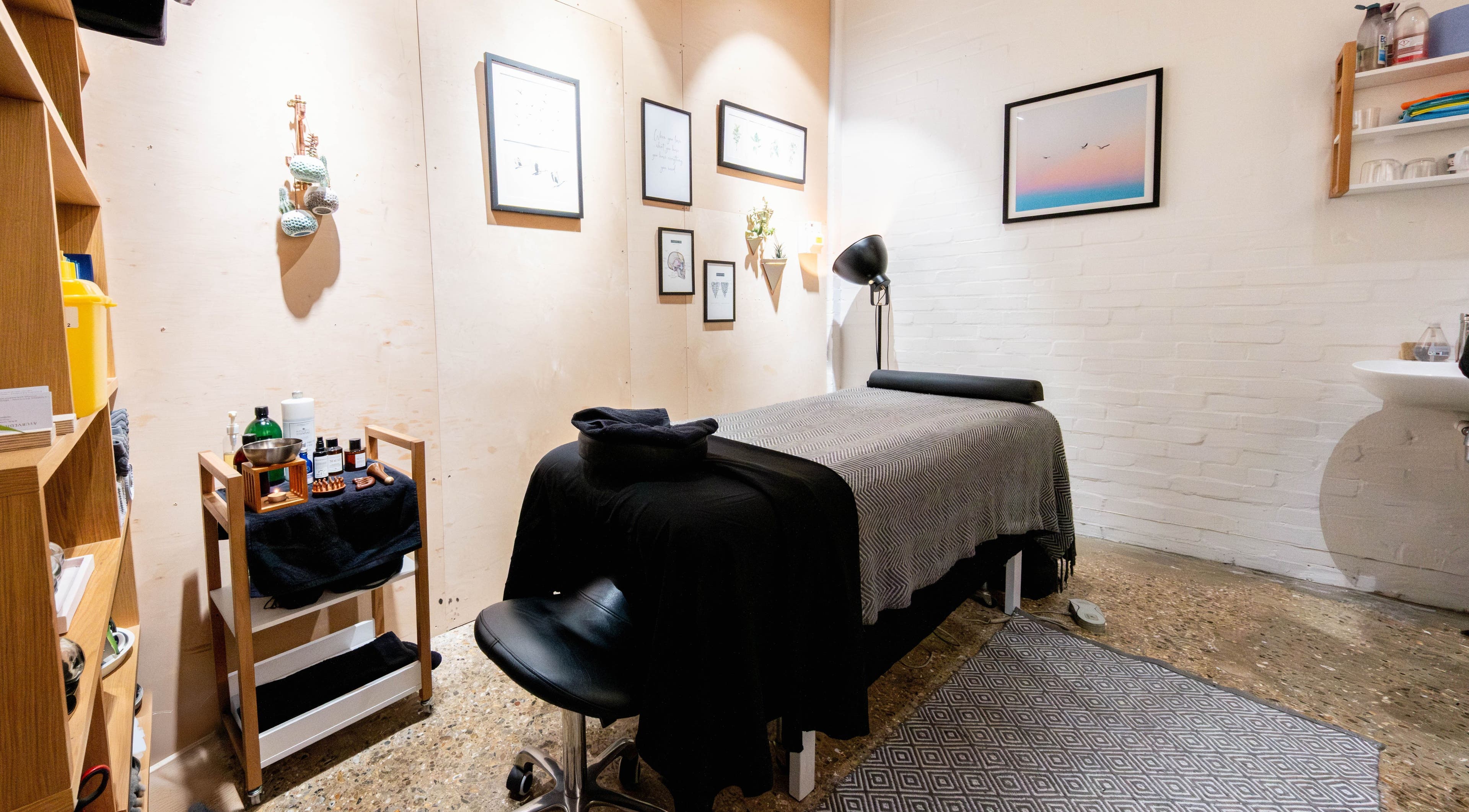 Calm massage room at Maria Ninoles Wellness Ayurveda Breathwork and Massage in London, England, GB.