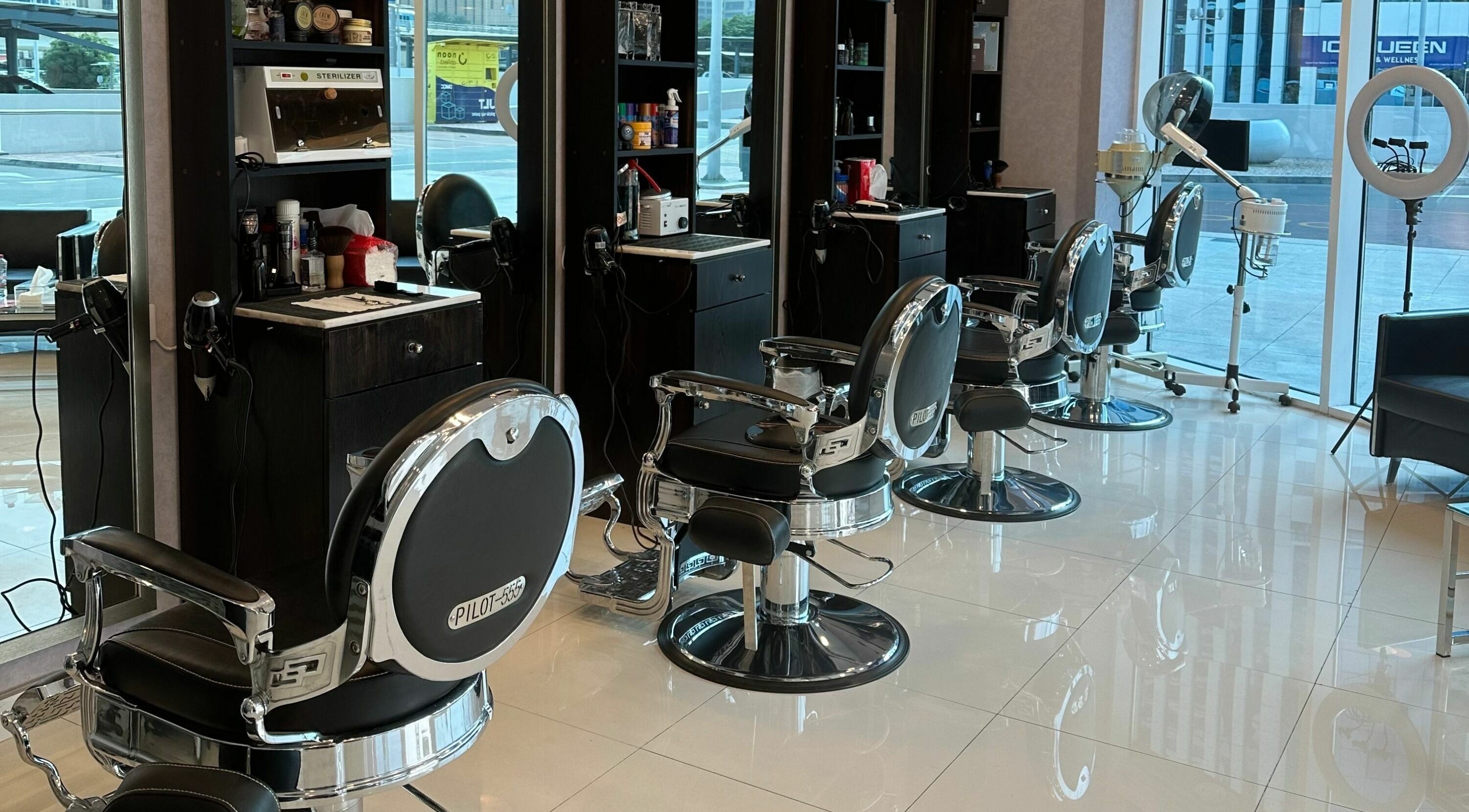 Modern barber chairs at Black Tie Salon - Gent’s Spa and Barbershop, Dubai, Dubai, AE.