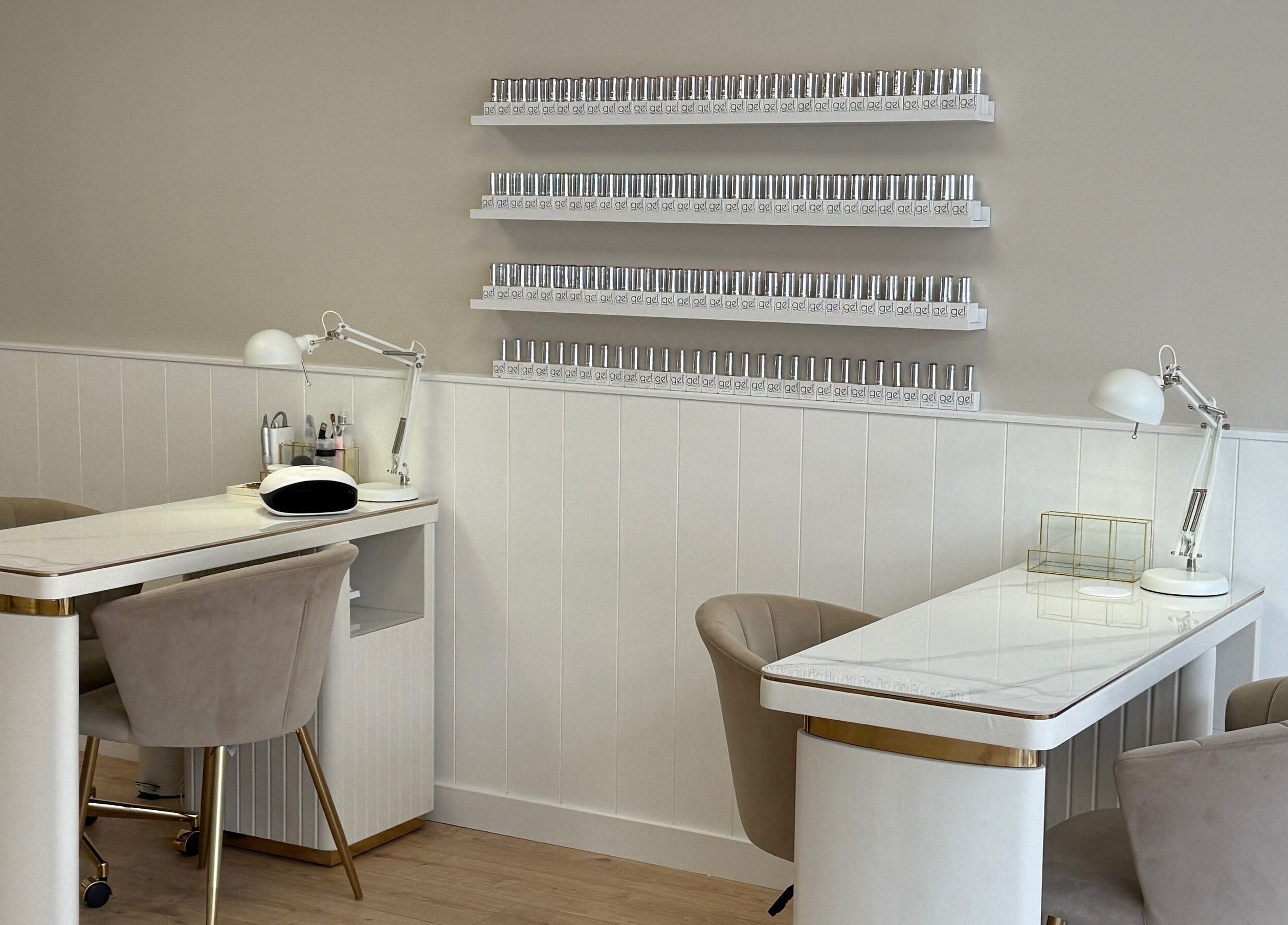Modern nail stations at DS Beauty Salon in Banchory, Scotland, GB, showcasing sleek design and comfort.