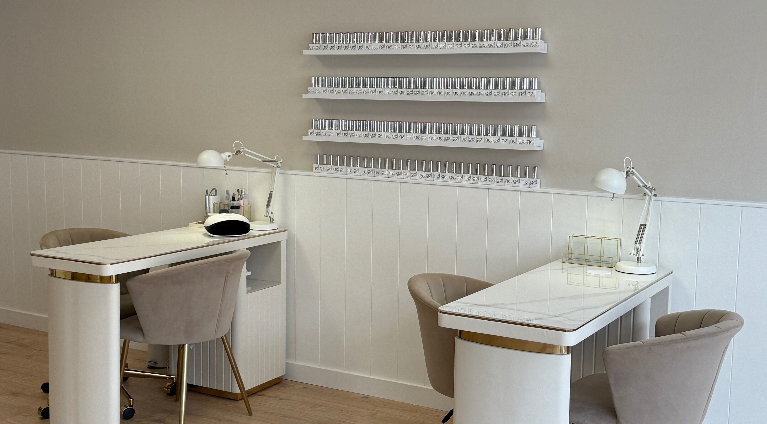 Modern nail stations at DS Beauty Salon in Banchory, Scotland, GB, showcasing sleek design and comfort.