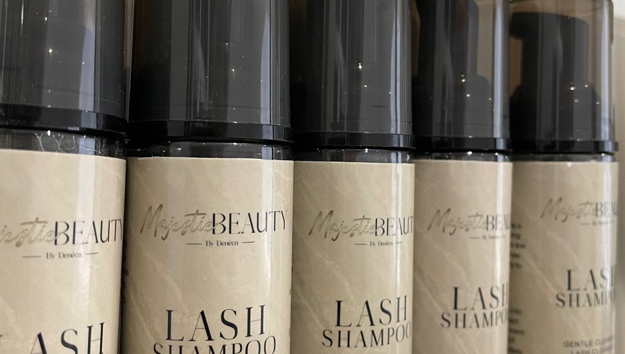 Majestic Beauty's lash shampoo bottles lined up in Northampton, England, GB.