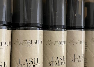 Majestic Beauty's lash shampoo bottles lined up in Northampton, England, GB.