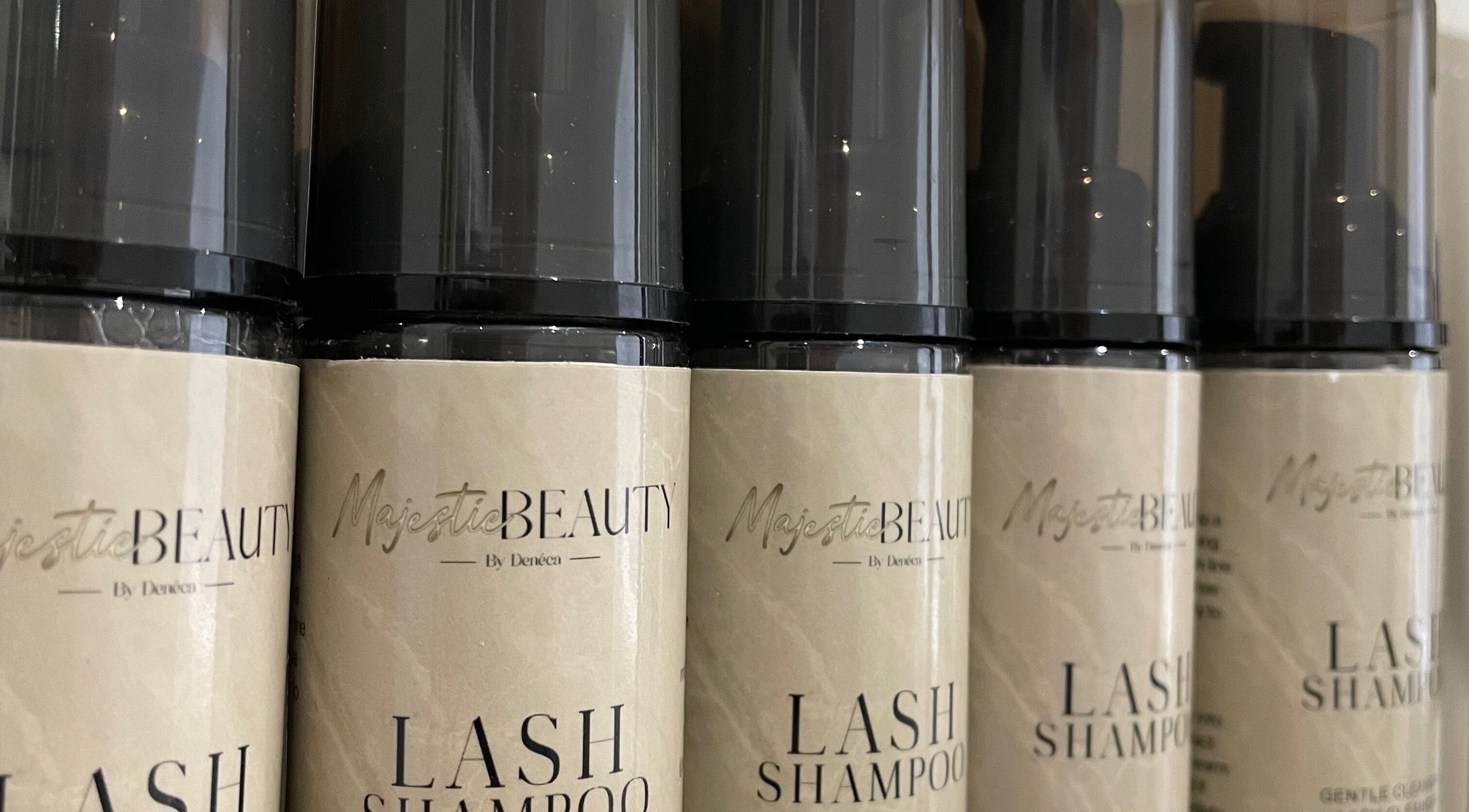 Majestic Beauty's lash shampoo bottles lined up in Northampton, England, GB.
