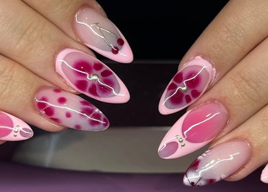 Elegant pink and cherry nail art by Nails By Molly in Maxey, England, GB.