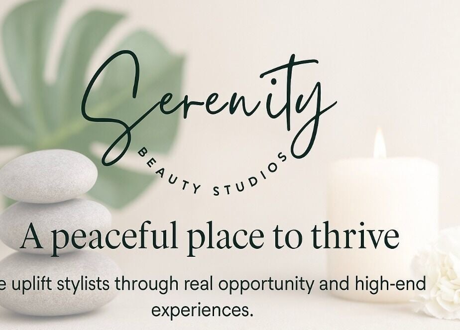 Serenity Beauty Studios logo with stones and candle, Snellville, Georgia, US.