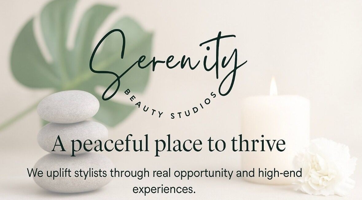 Serenity Beauty Studios logo with stones and candle, Snellville, Georgia, US.