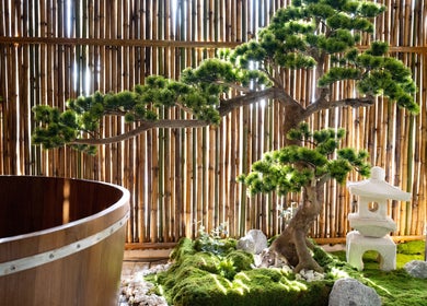 Serene bamboo setting with wooden tub and bonsai at Warin Spa วารินสปา, Chang Wat Tak, Chang Wat Tak, TH.