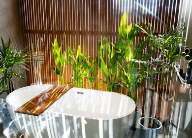 Luxurious bathtub surrounded by lush plants at Warin Spa วารินสปา, Chang Wat Tak, Chang Wat Tak, TH.