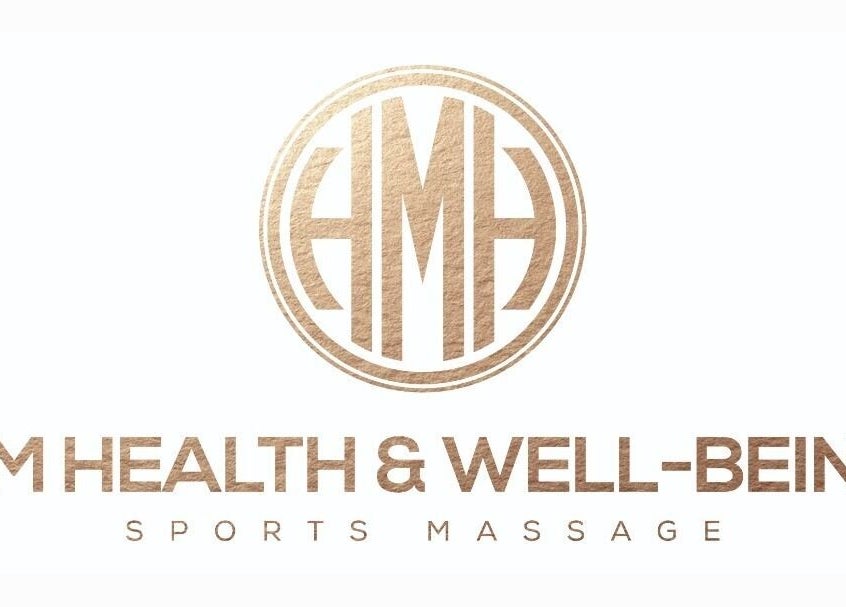 Elegant HM Health and Well-Being logo in Ashington, England, GB on white background.
