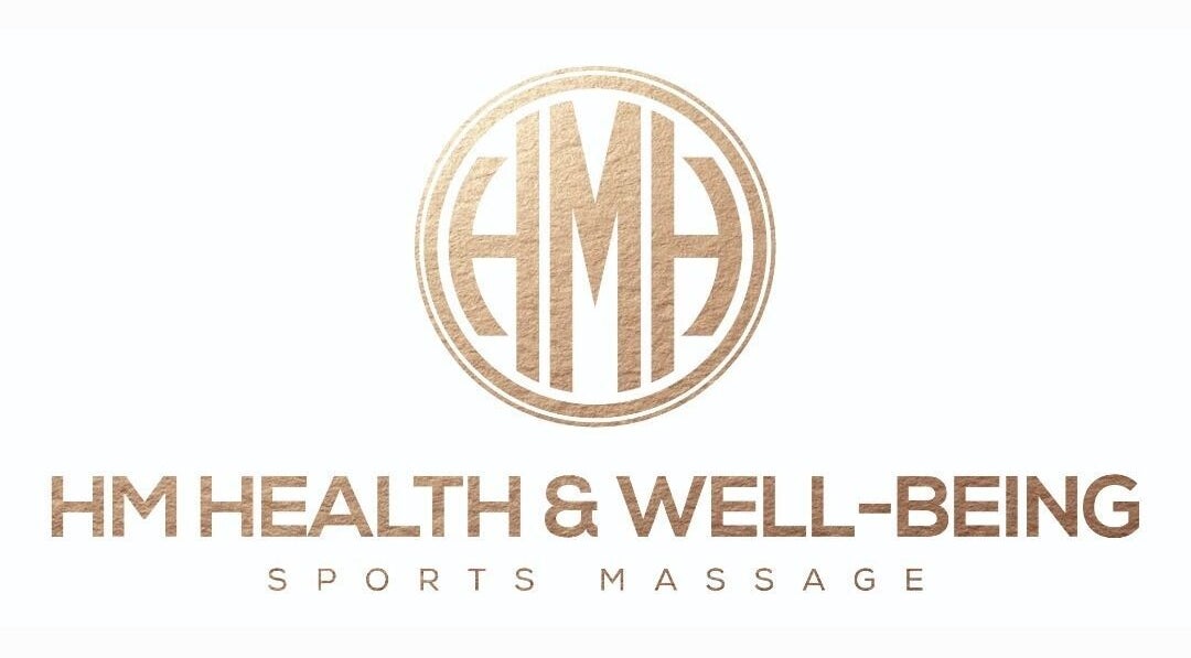 Elegant HM Health and Well-Being logo in Ashington, England, GB on white background.